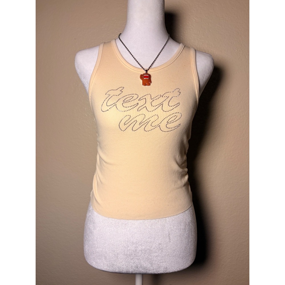 Y2K Aerie Text Me Rhinestone Ribbed Tank Top Peach Yellow XS